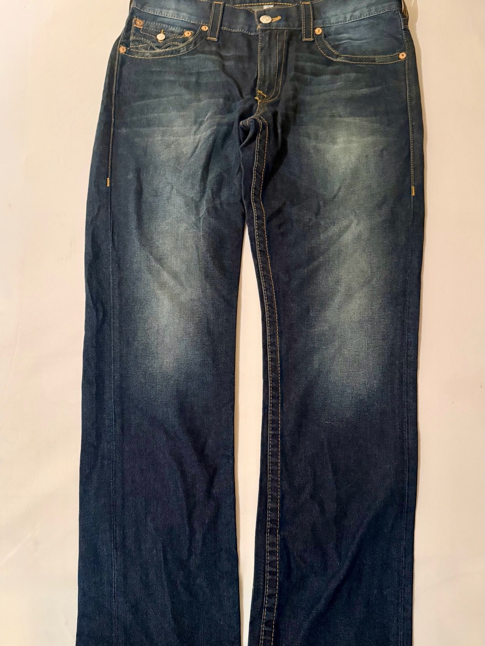 True Religion Ricky Big T Jeans 33x34 Blue Thick Stitch Flap Pockets Made In USA - Picture 3 of 16